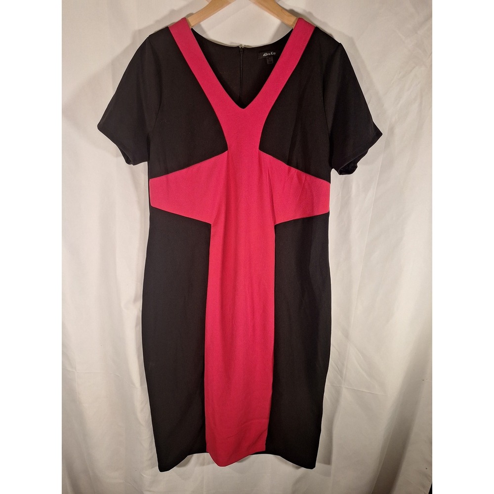 Allen Kay Womens Black Pink Colorblock Sheath Dress V-Neck Short Sleeve Size 14